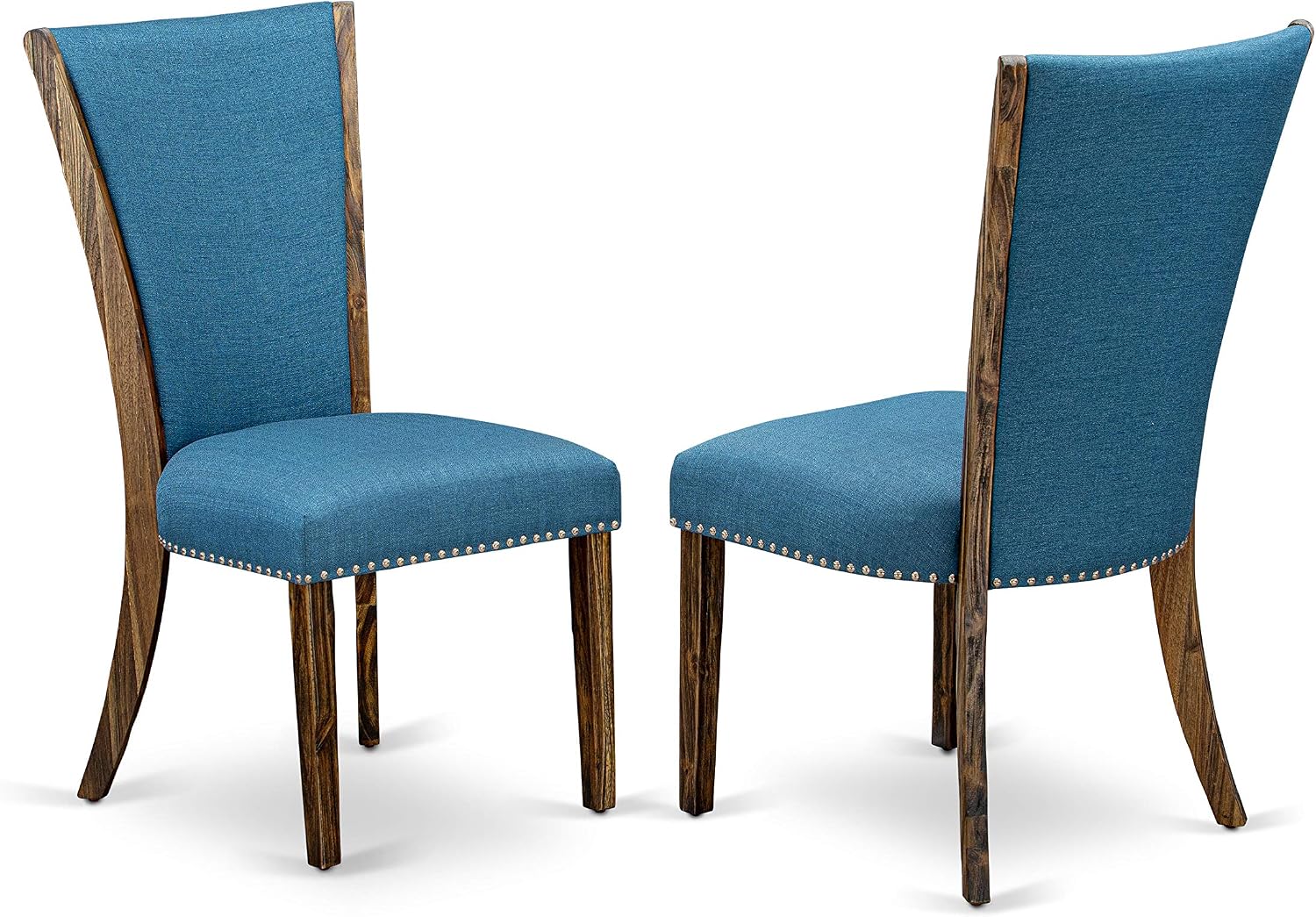 East West Furniture I2VE5-721 5 Piece Dinette Set for 4 Includes a Round Dining Table with Pedestal and 4 Blue Color Linen Fabric Parson Chairs, 48x48 Inch, Distressed Jacobean