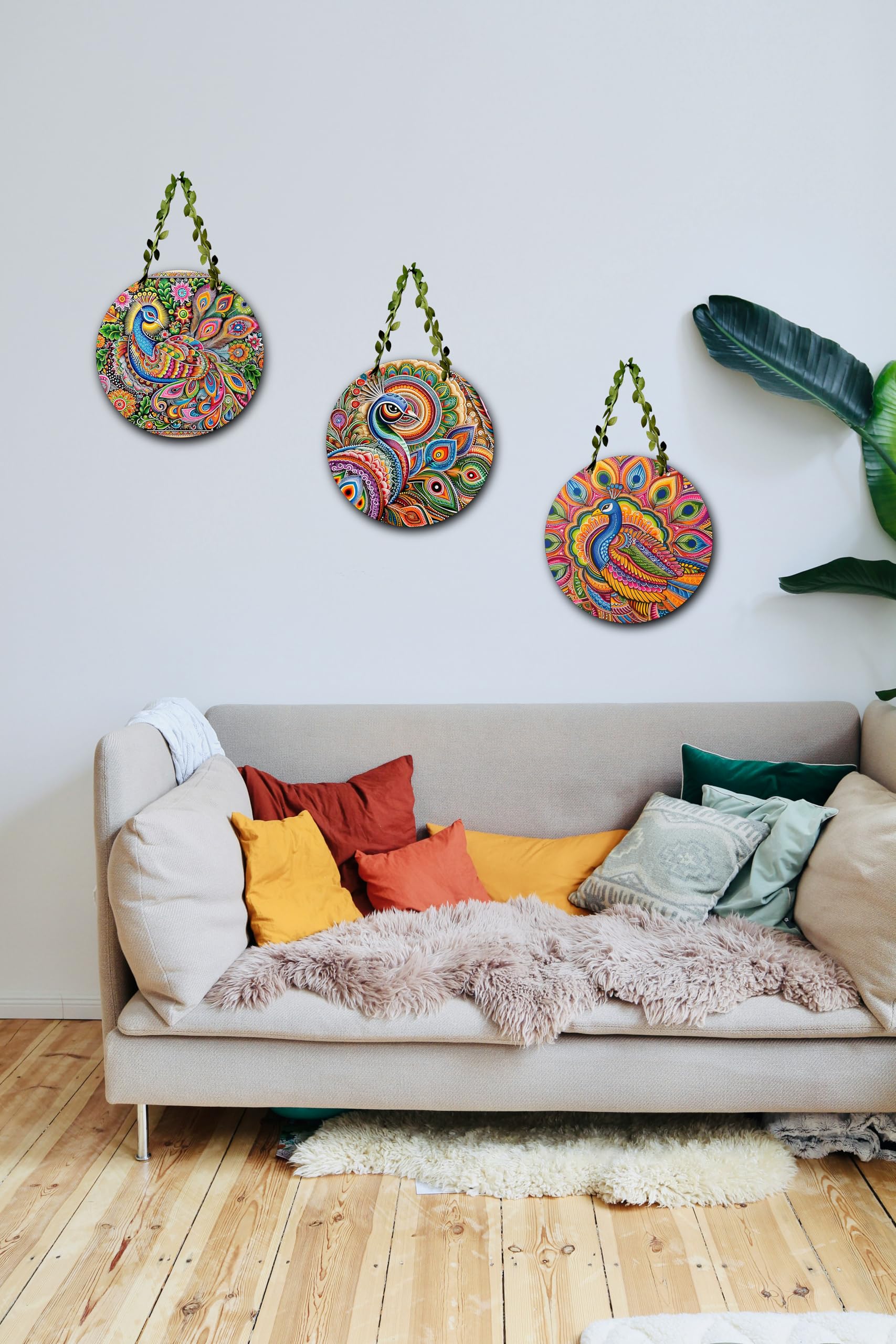 Peacock Wall Hanging Set β Round Decorative Wall Plates with Traditional Art Design Wall Hanging Decorative Items | Decor Items | MDA-Peacock-Cir-(Set of 3) 2