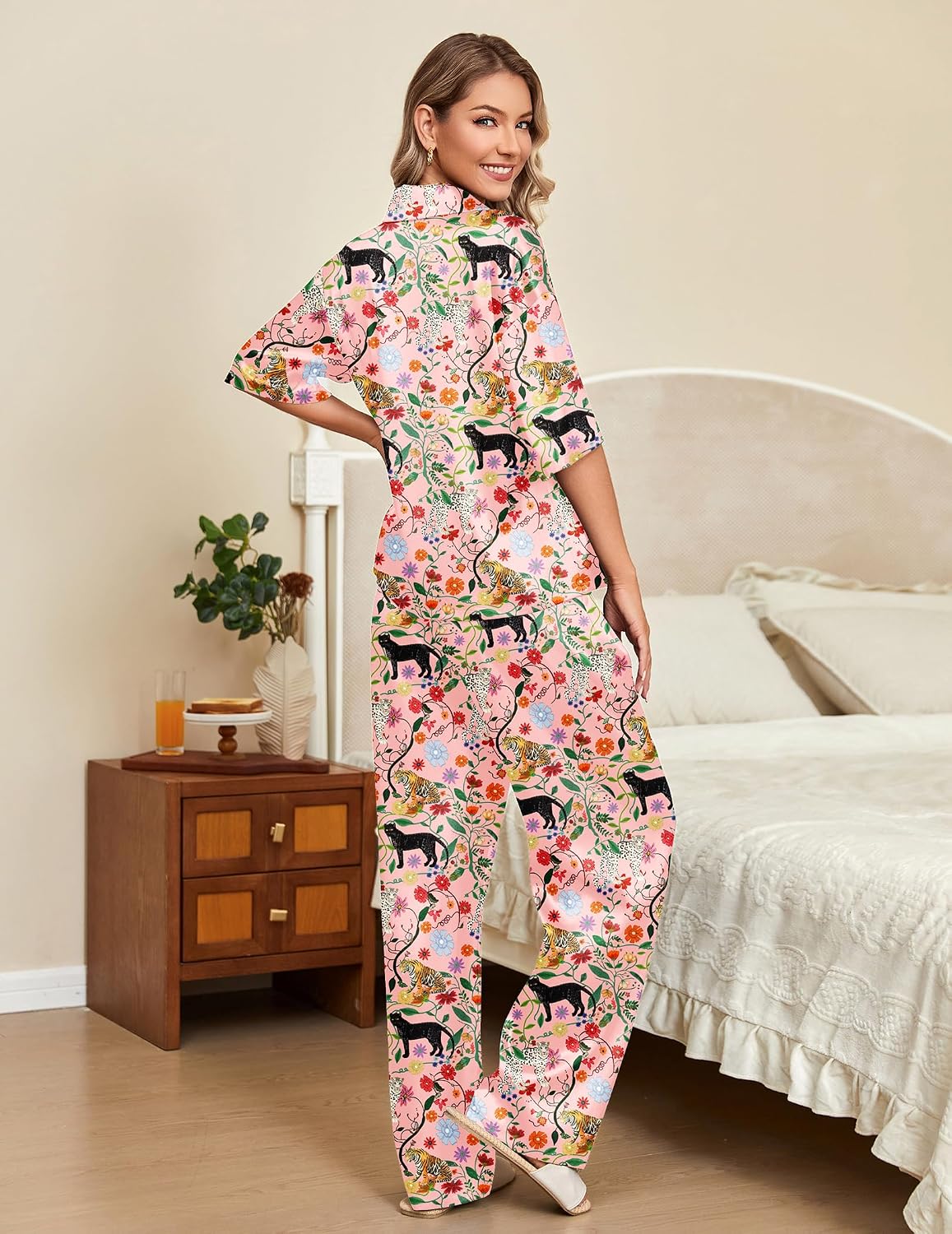 Ekouaer Silk Satin Pajamas Set Women Short Sleeve Pj Sets Button Down Sleepwear 2 Piece Soft Loungewear S-XXL