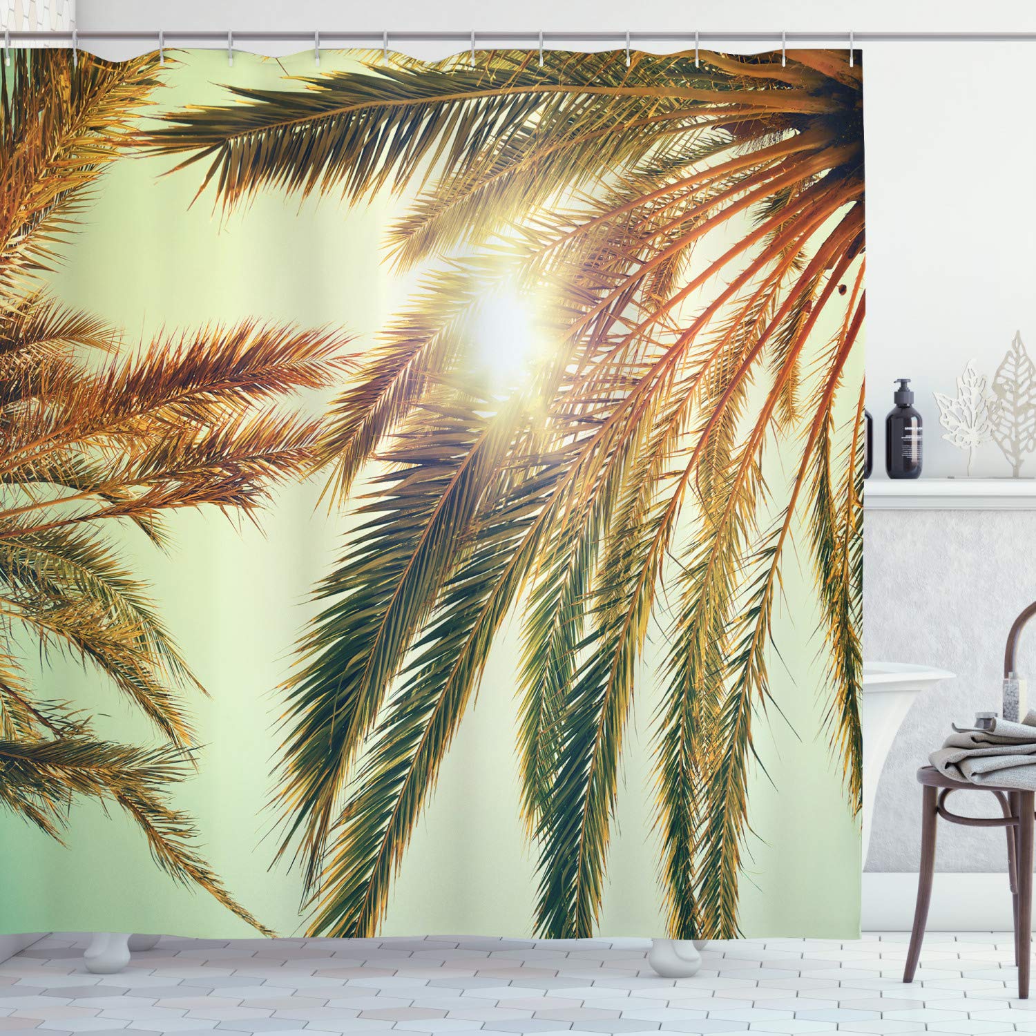 ABAKUHAUS Zasłona prysznicowa, motyw drzewa palmowego w stylu retro, z materiału, w zestawie 12 haczyków, druk cyfrowy, trwałe kolory, odporna na bakterie, 175 x 200 cm, zielono-pomarańczowa