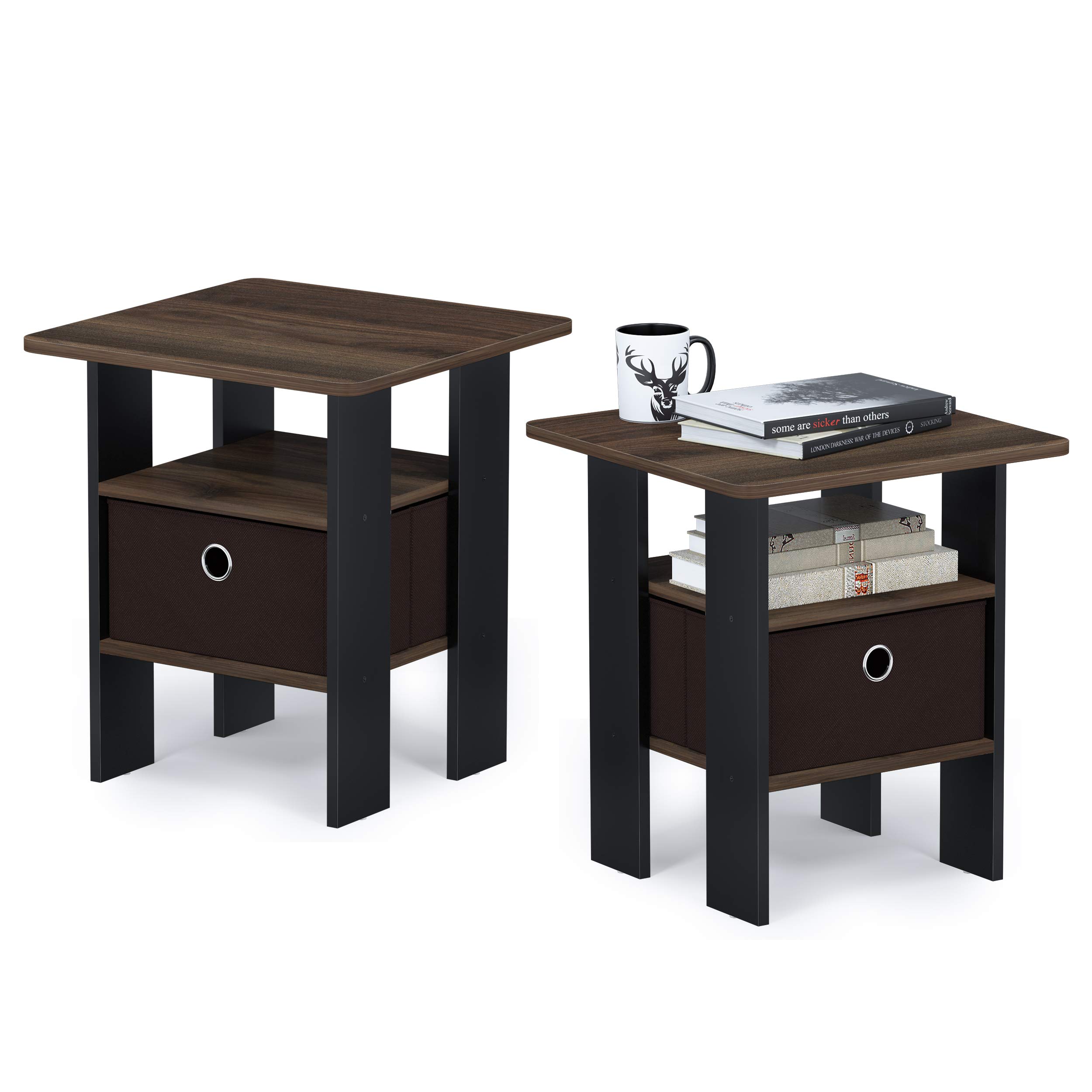 Furinno ANDREY Side Table, Set of 2 End Table, Night Stand with Open Shelves and Storage Bin, Bedside Table, for Living Room, Bedroom, Columbia Walnut