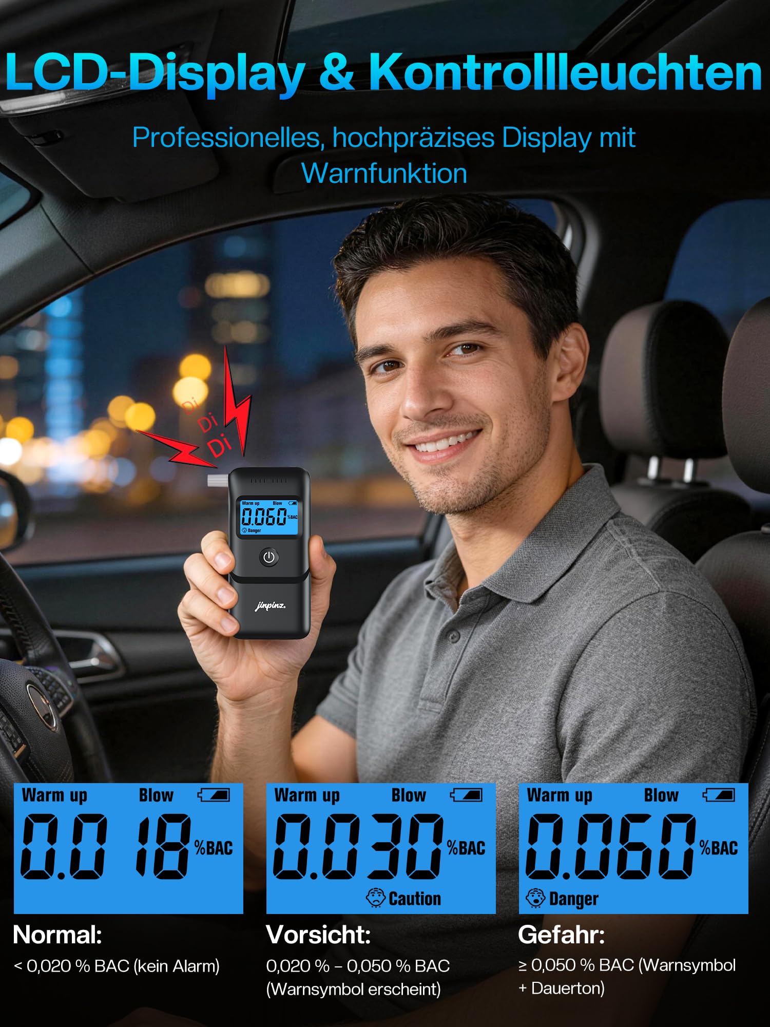 Alkoholtester Promillemessgerät Atemalkoholtester mit Halbleiter Sensorik LCD Display - Tragbarer Alkoholmessgerät 10 Mundstücken Schwarz
