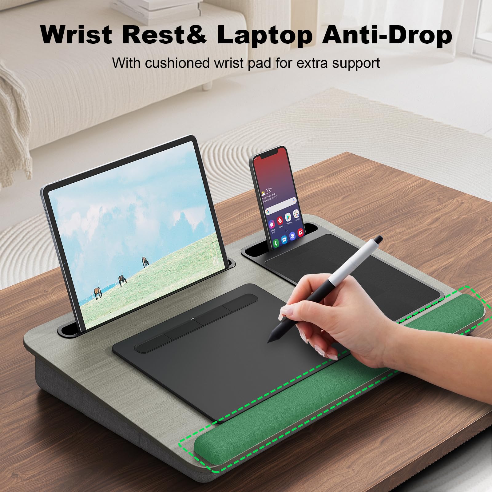 PUTORSEN Poduszka laptopowa 17,3" regulowana wysokość z uchwytem, Szary | Regulacja wysokości 7-11,5cm, podpórka, uchwyt na telefon/tablet, lekki z rączką, stabilny na łóżku i sofie