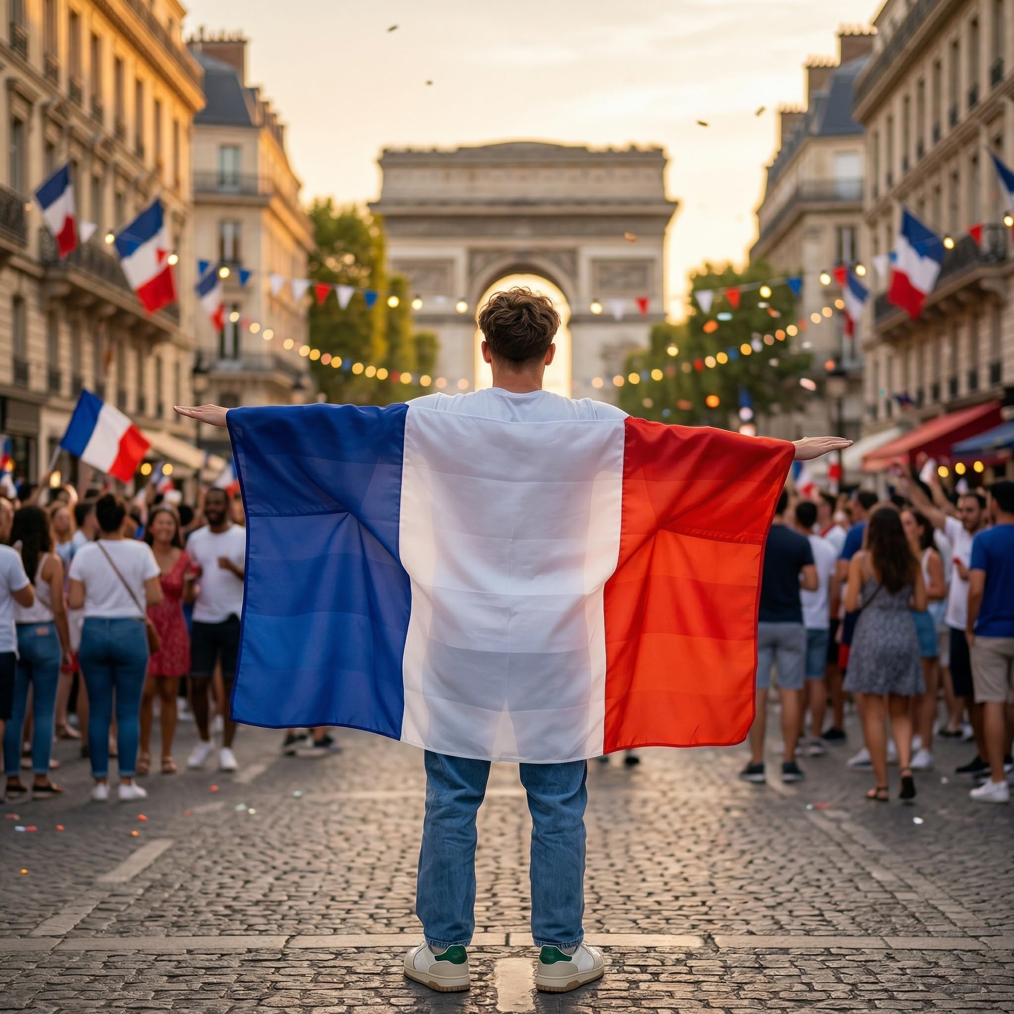 Cape Drapeau France à Porter Accessoire Supporter Football Les Bleus Coupe du Monde 2026 avec Fermeture Sécurisée pour Fan Zone Stade Adulte 100% Polyester 150x90cm Bleu Blanc Rouge