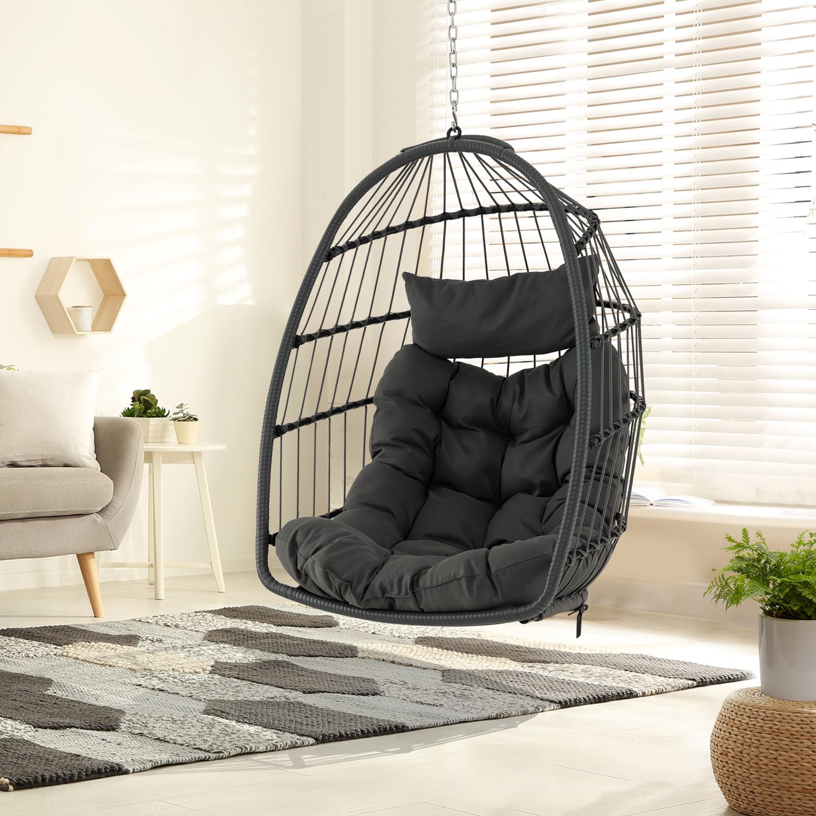 COSTWAY Silla Colgante Tipo Huevo, Cojín y Almohadilla, Columpio Colgante para Interior y Exterior, Sillon Colgante de Diseño Plegable, Carga 150kg