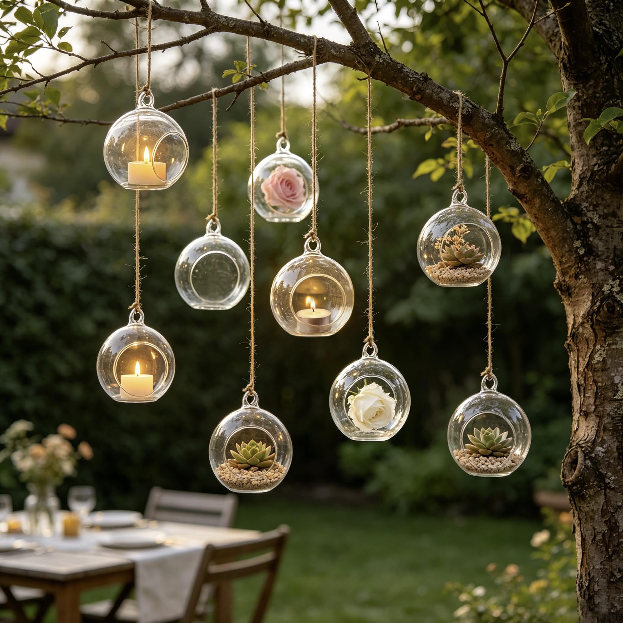 Sziqiqi Portacandele da 8 cm, 12 palline di vetro per lumini da tè, terrario trasparente da appendere, per matrimoni, Natale, compleanni, decorazione centrotavola