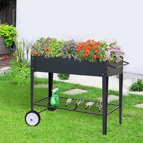 Miniatura 5 de Carrito de cama de jardín elevado de metal con patas y ruedas más grandes, caja de maceta alta elevada con estante inferior para exteriores,