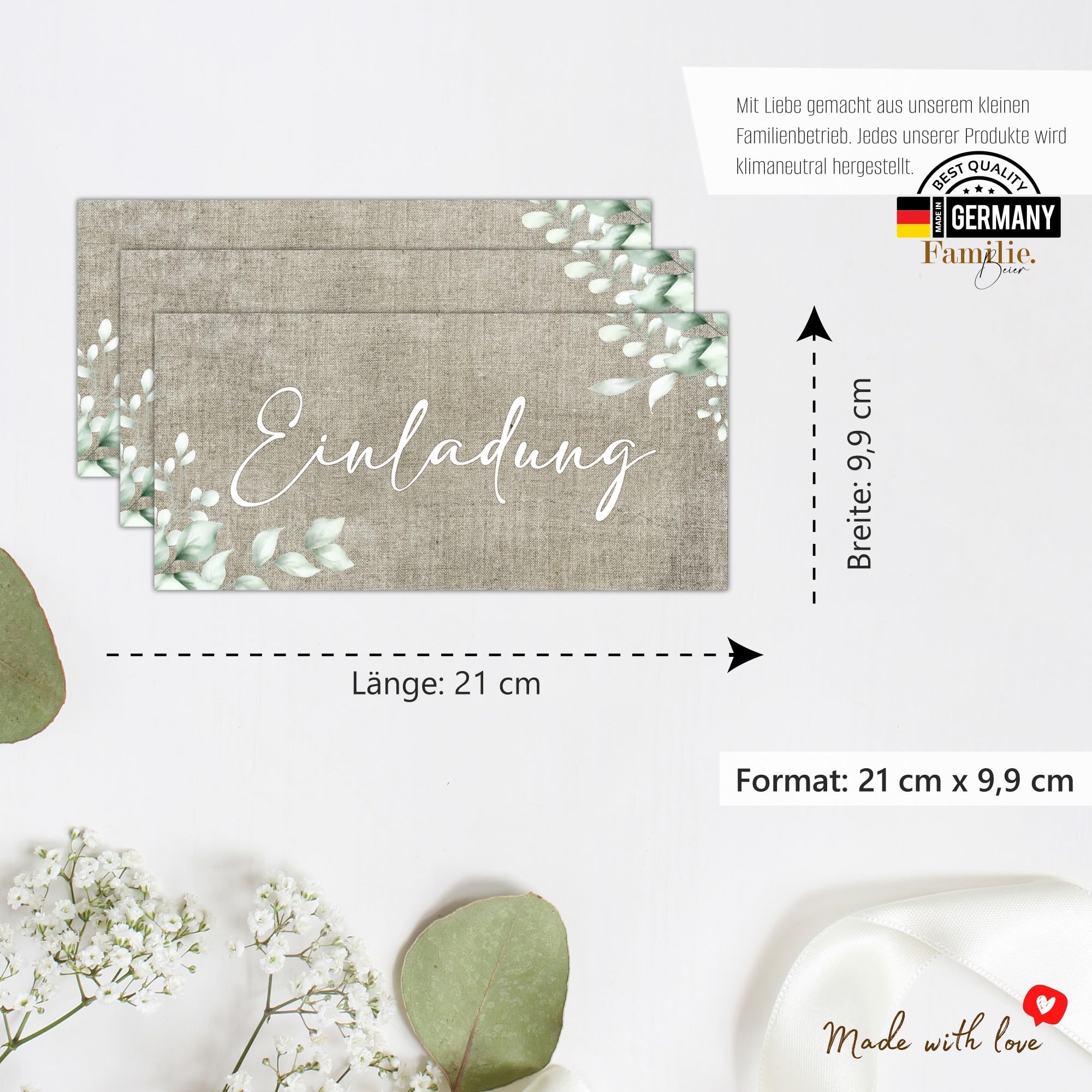 25 Biglietti D'Invito DIN A6 In Tessuto: Matrimonio, Battesimo, Compleanno, Design Classico