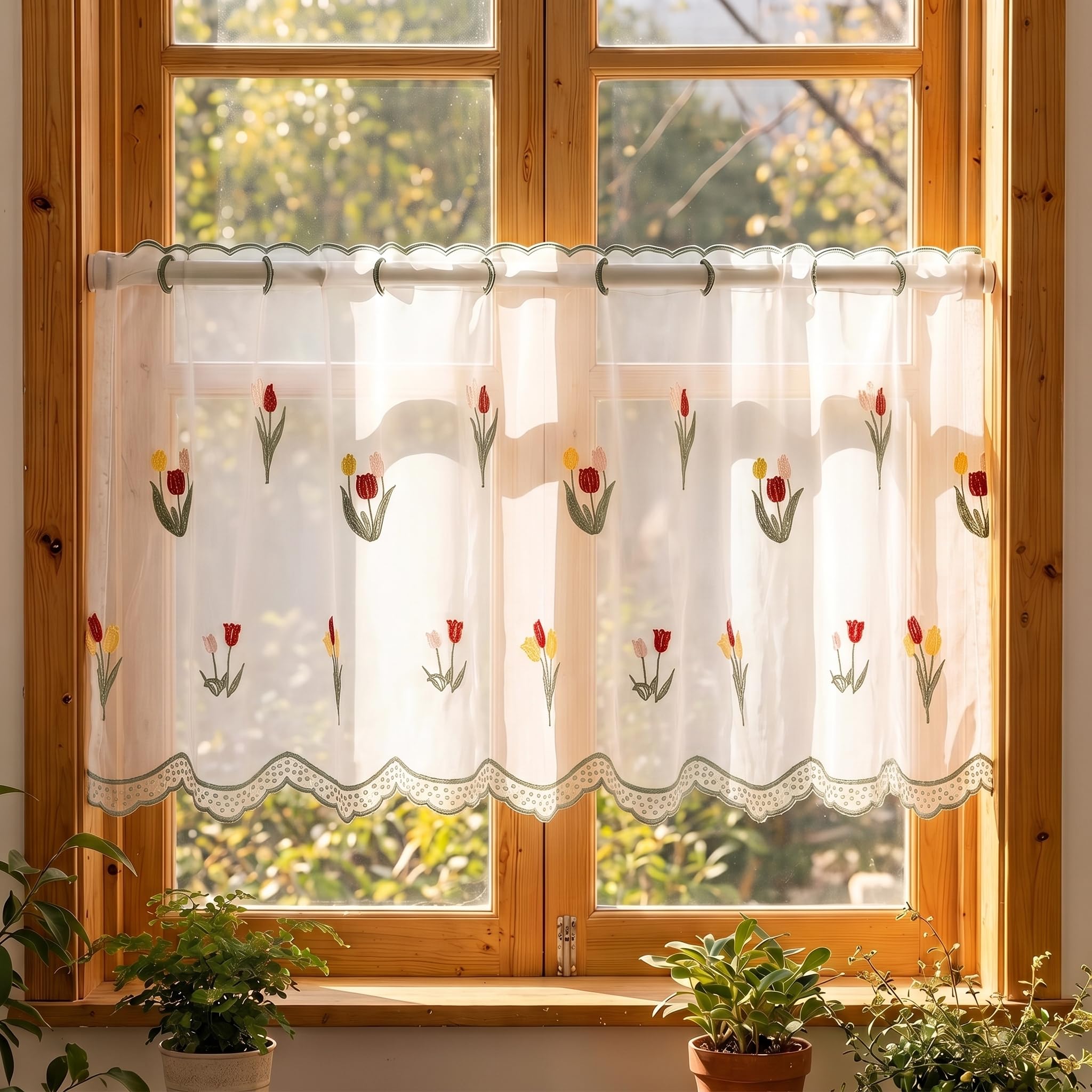 Embroidery Cafe Curtain,Flower Embroidered Short Sheer Curtain (Pattern 2)