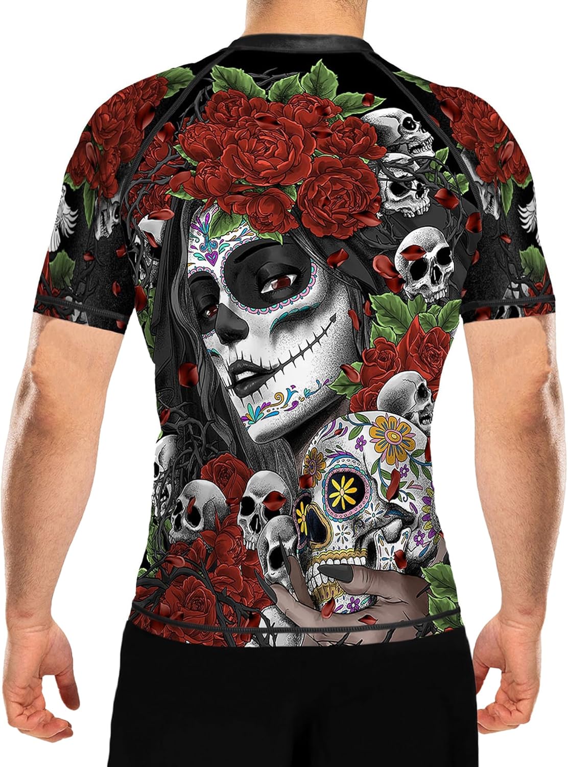 Raven Fightwear Men's Calaveras y Rosas BJJ Rash Guard Short Sleeve MMA Black - Image 2