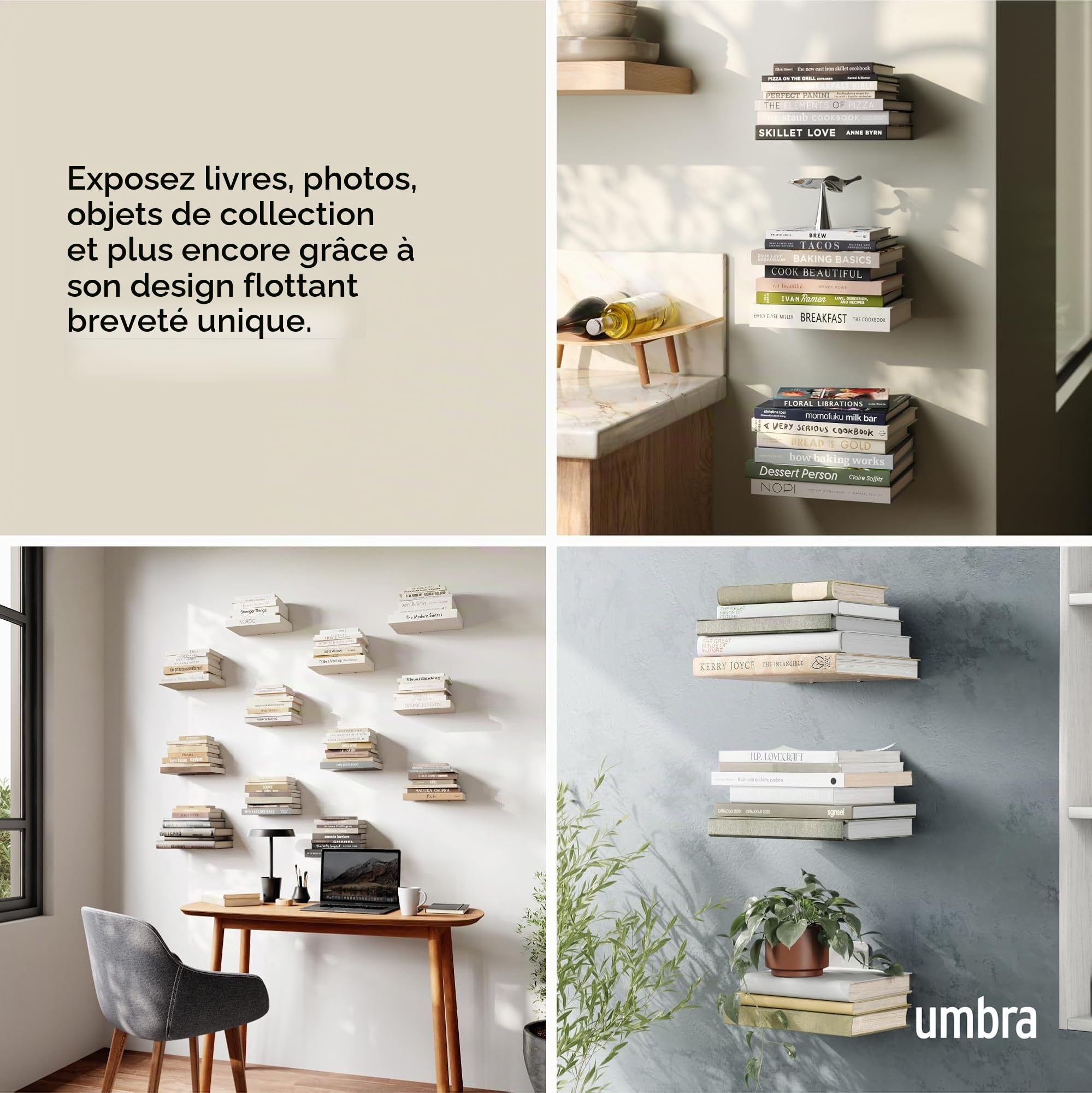 Umbra Conceal Shelf x3 Small. Lot de 3 Petites Etagères Invisibles Conceal, en métal argenté. Entièrement Invisibles Une Fois chargées de Livres. Dimension de Chaque étagère 14x13.3x13.3cm