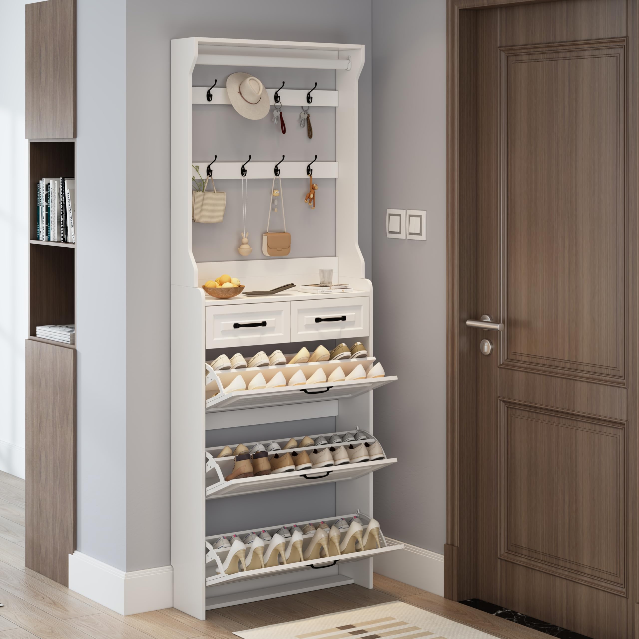 Refined White Shoe Cabinet with Hanger 3 Doors 2 Drawers