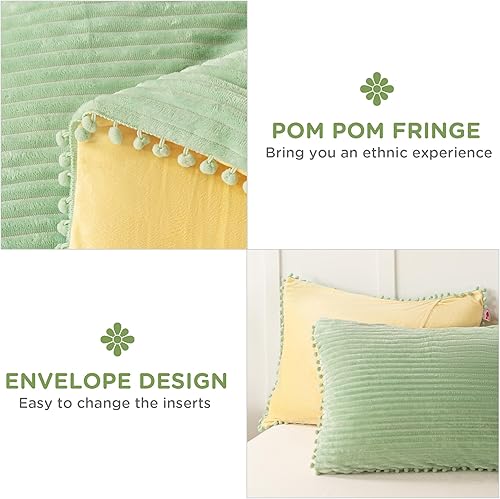 Miniatura 4 de Juego de edredón bohemio de gran tamaño Cal King, 3 piezas con flecos de bola verde, juego de edredón reversible de terciopelo a rayas verde pálido,