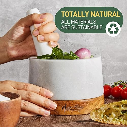 Miniatura 9 de Juego de mortero y mortero grande de 6 pulgadas con base de madera antiarañazos, mortero resistente y mortero hecho de mármol natural (blanco)