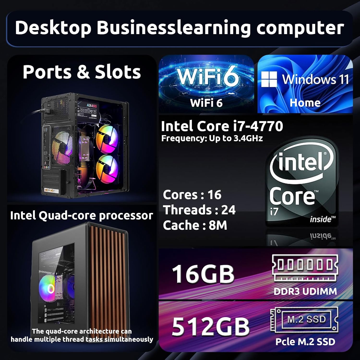Desktop Computer Tower PC, Intel Core i7-4770-3.4GHz, 16GB DDR3 RAM, 512TB M.2 SSD Hard Drive, RGB Fan x 3, Wi-Fi 6.0, USB 3.0, HDMI, Windows 11 Home or Office image 2 of 9 B0FCFV1F9C