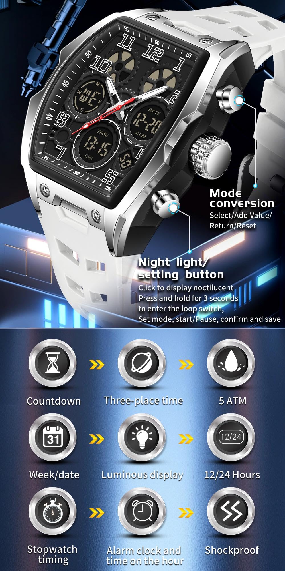 Hombre Relojes para Hombre Rectángulo Unico Reloj Militar Digital Analógico Deportes Reloj de Pulsera con Alarma, Cronómetro,Cuenta Atrás,Cada Hora Chime,Luminoso y Impermeable Multifunción
