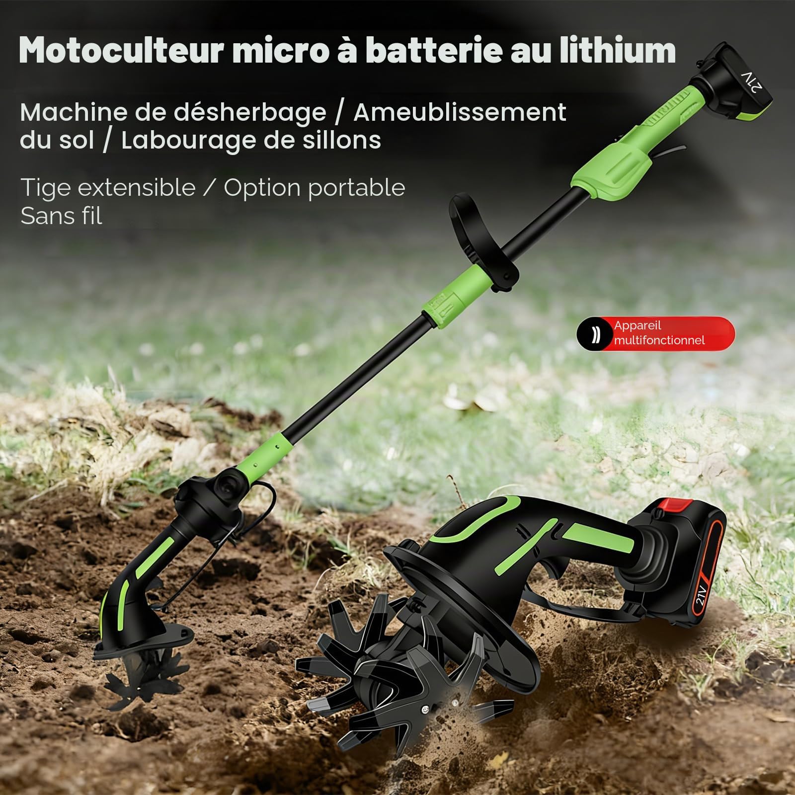 Motoculteur de Jardin sans Batterie, Mini cultivateur sans Fil avec Batterie 21V, houe électrique avec Tige Extensible, Largeur et Profondeur de Travail 10 cm, pour Labour et désherbage (2 Batterie)