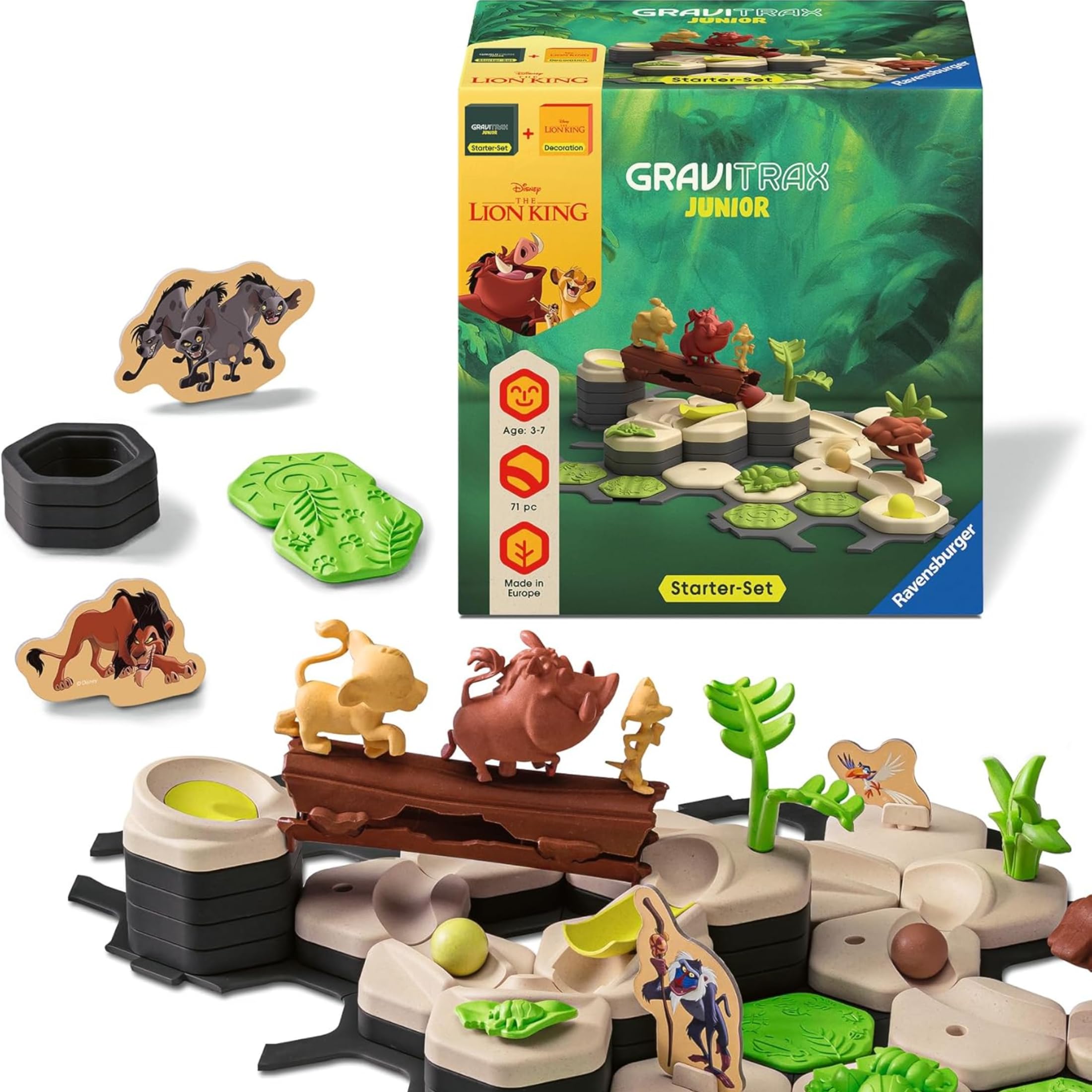 Ravensburger - GraviTrax Junior Il Re Leone Starter-Set, Pista biglie 71 pezzi, Rompicapo bambini, Giochi bambini 3 anni e più, Gioco Interattivo ed Educativo STEM, Compatibile con tutti i GraviTrax