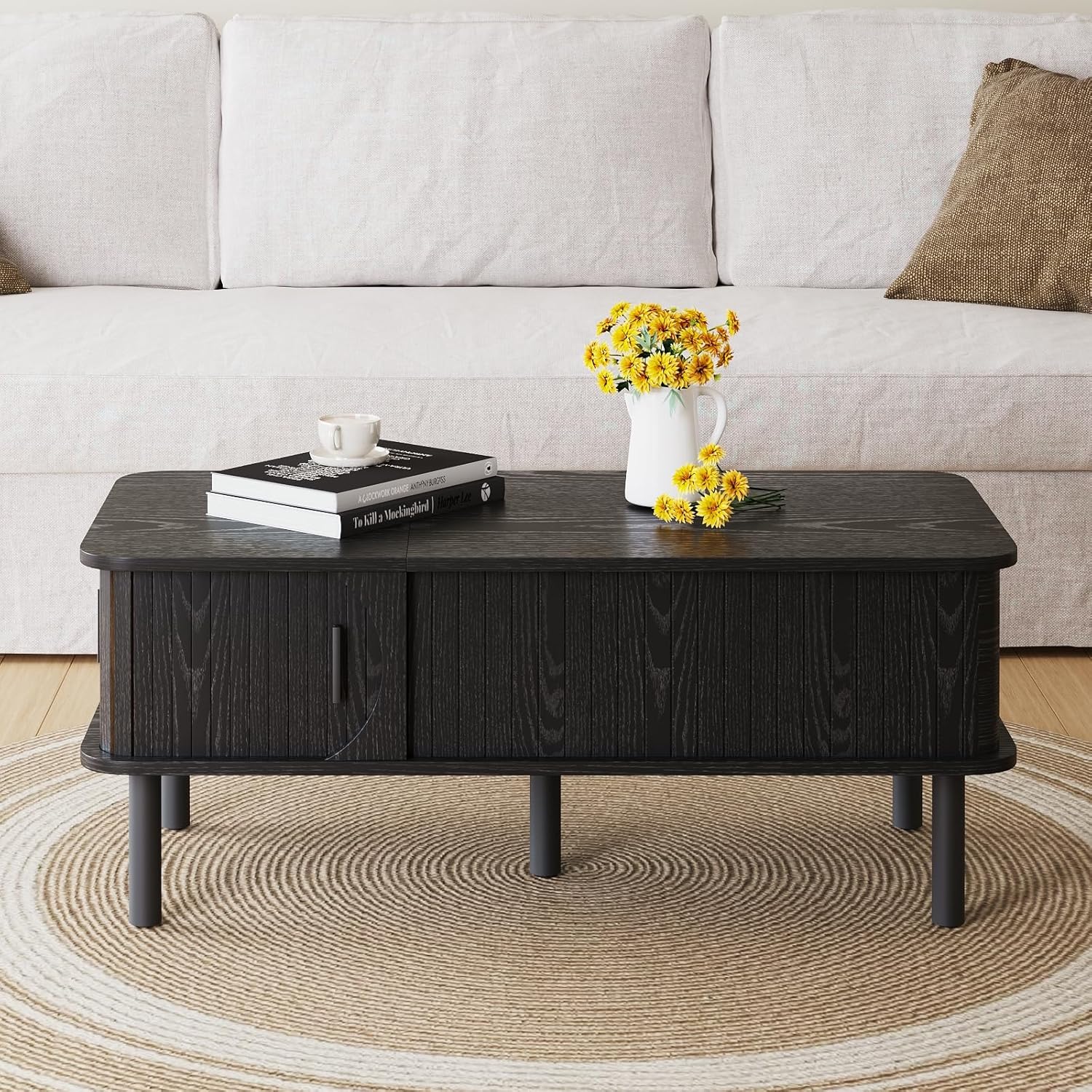 2-in-1 Lift Top Coffee Table with Sliding Door & Hidden Storage, Mid-Century Modern Oval Center Table, Safe Round Corner Design for Small Living Room and Apartment (Black)