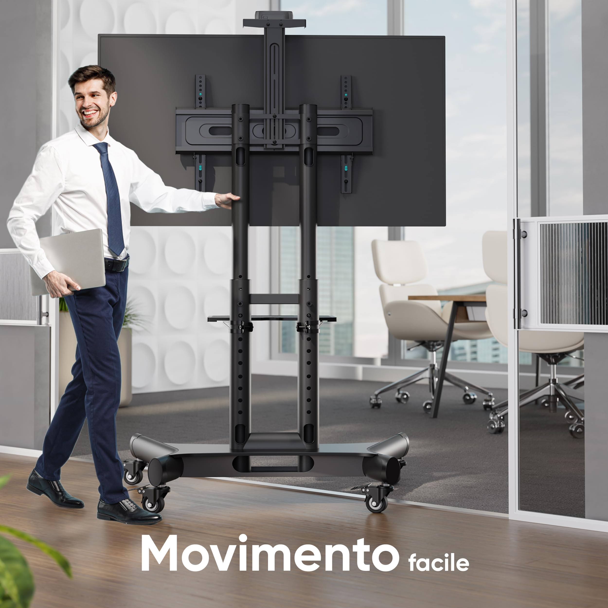 ONKRON Supporto TV da Pavimento con Ruote 40-70 pollici, Carico Totale 55.5 kg, VESA 100x100-600x400, Piedistallo Televisore, con Altezza Regolabile, Porta TV da Terra Mobile, Universale Nero TS1551-B