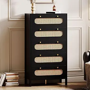 GOOBED Natural Rattan 5 Drawer Dressers Wooden Chest of Drawers with Golden Handles - Modern Large Boho Dressers Storage Cabinet for Living Room Hallway/Entryway Black