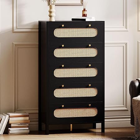 GOOBED Natural Rattan 5 Drawer Dressers Wooden Chest of Drawers with Golden Handles - Modern Large Boho Dressers Storage Cabinet for Living Room Hallway/Entryway Black
