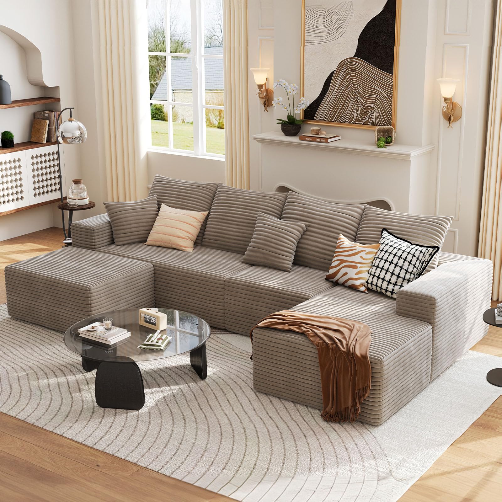 135.4" Cloud Modular Sectional Couch with Ottoman, Modern Upholstered Deep Seat Couches, Comfort U Shaped Sofa for Living Room Bedroom Apartments,No