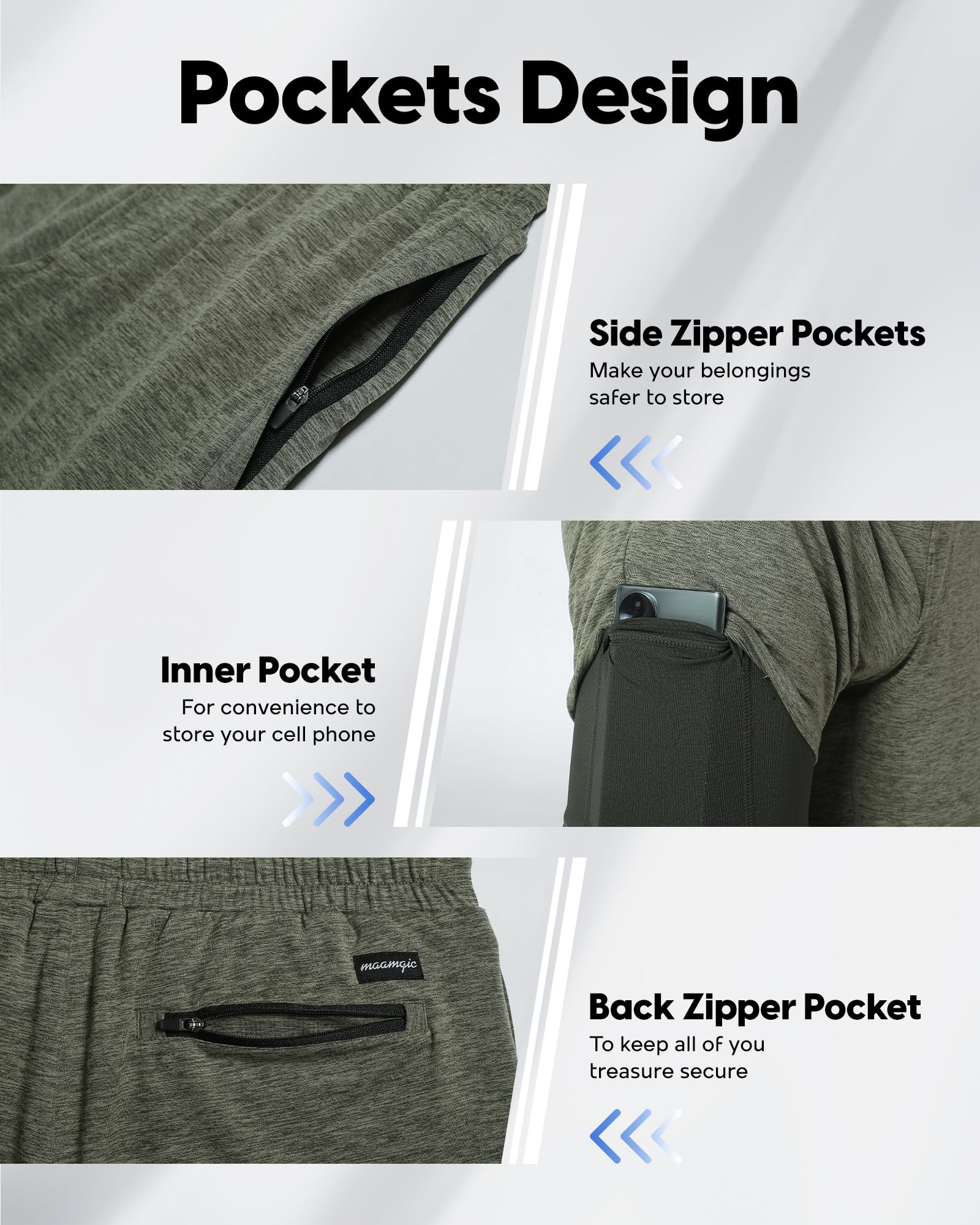 maamgic Pantalones cortos de correr 2 en 1 para hombre, pantalones cortos de gimnasio de 5 pulgadas con bolsillos con cremallera, pantalones cortos deportivos de secado rápido para hombre