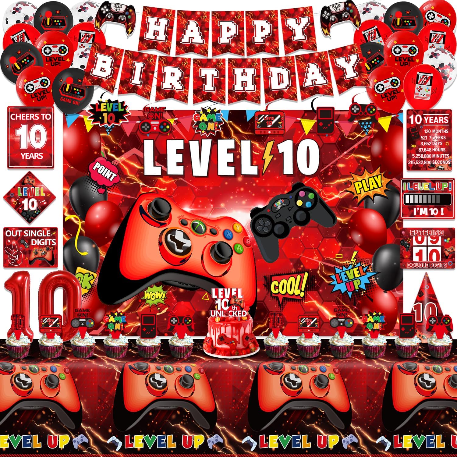 Level 10 Birthday Decorations, Red Video Game Gamer 10th Boy Bday Party Decor Decorations Supplies for 10th Boys - Backdrop, Banner, Balloons, Tablecloth, Hanging Swirls, Wall Signs, Hat