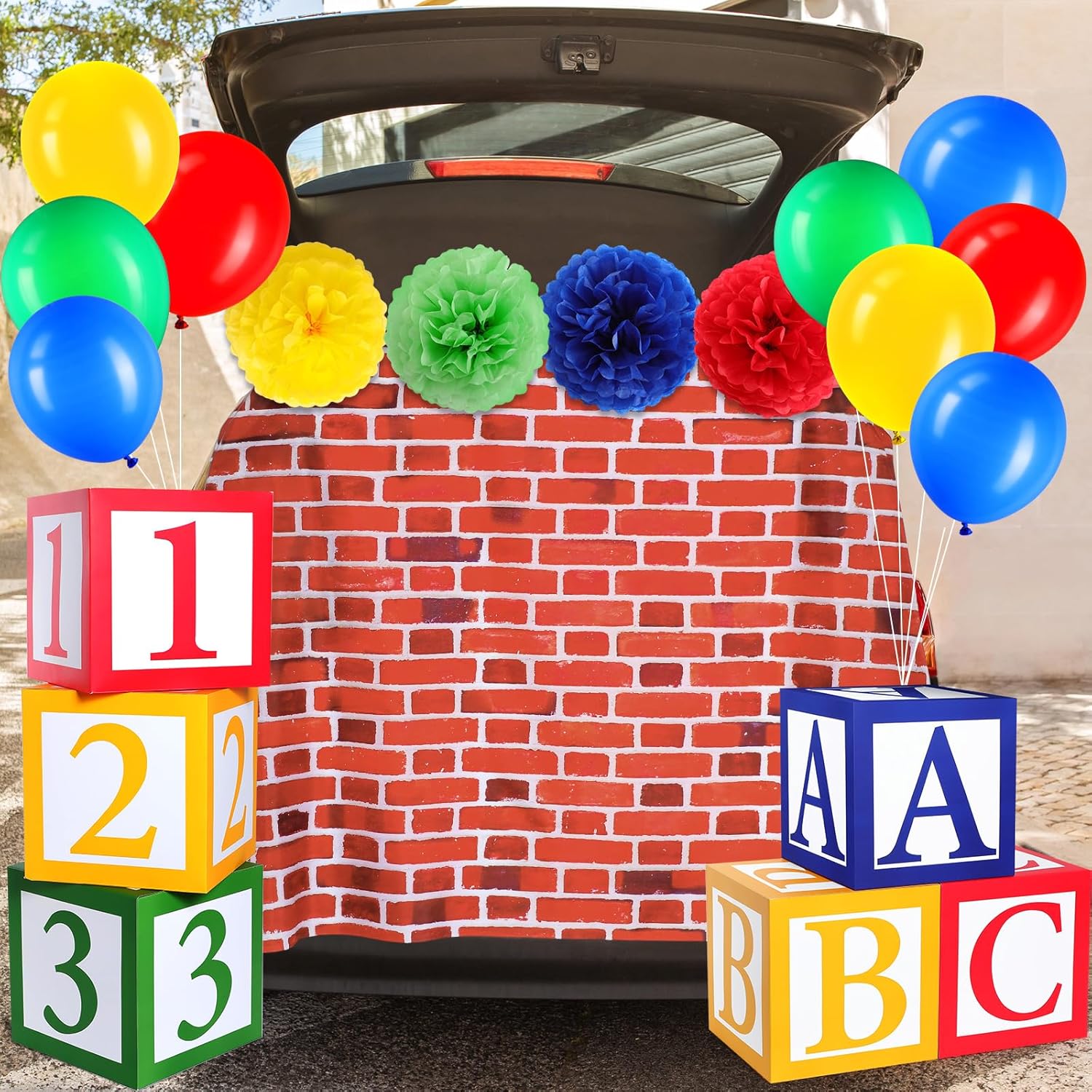 31 Pcs Halloween ABC Street Trunk or Treat Car Decorations Kit Friend Street Boxes Red Brick Road Backdrop Balloon Paper Tassels Car Archway Kit for Car Halloween Friend Street Party