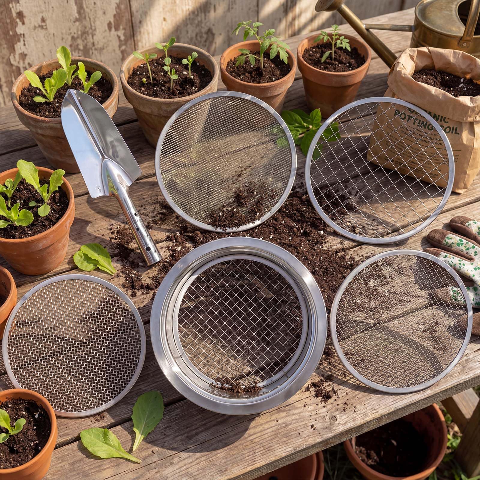 5-en-1 Tamis de Jardinage en Acier Inoxydable,Tamis à Sable avec Mailles Ø 1, 3, 6, 9 et 12 mm,Inclut 1 Pelle à Main pour Terre, Pierres, Compost, Mauvaises Herbes, Sable, Gravier et Graines