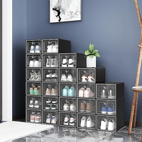 Miniatura 5 de YITAHOME - Caja de almacenamiento de zapatos, tamaño M, 18 organizadores de almacenamiento, apilables, estantes, contenedores y cajones, color negro
