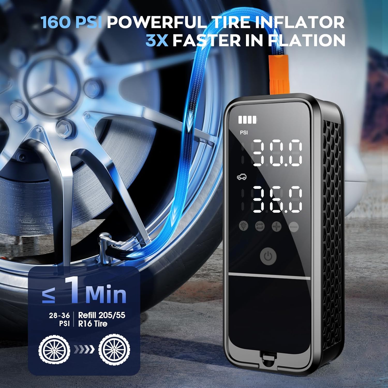 Tire Inflator Portable Air Compressor, 6000mAh Cordless Air Pump for Car Tires Electric Bike Pump with LED Light & Pressure Gauge, Portable tire Inflator for Car, Motor, Bike, Ball