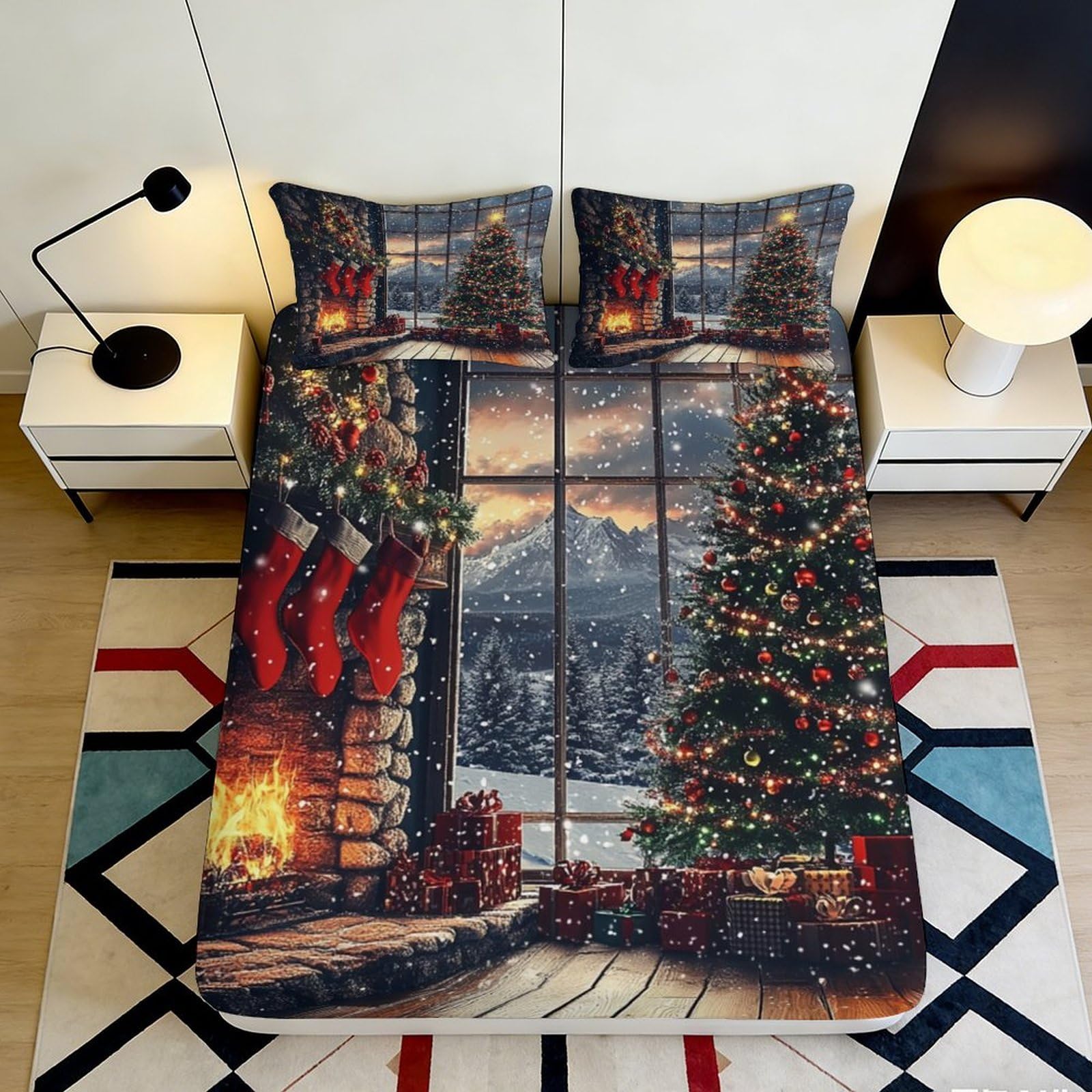 Festive 3D Printed Fitted Sheet Christmas Fireplace Window Scene, Microfiber Soft Touch, Bed Cover for Home Bedroom Guest Room, Wrinkle Resistant, Apartment Bedding, 115 90x200x25cm