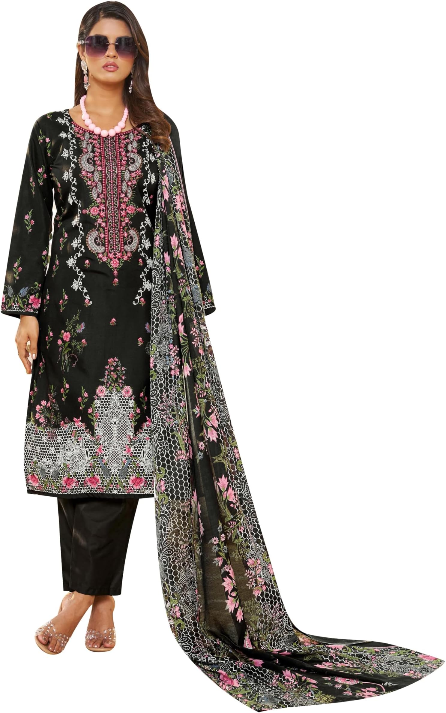 Ladyline Casual Cotton Salwar Kameez - Karachi Ethnic Printed Embroidered Kurta with Dupatta & Pants Set