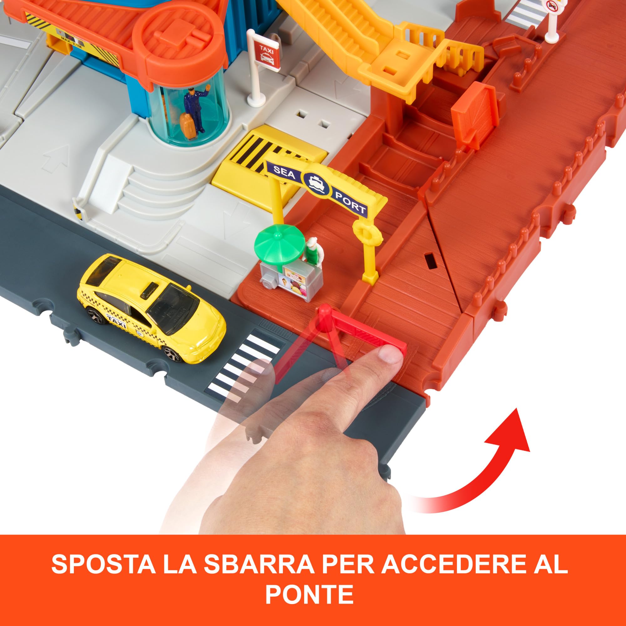 Matchbox - Centro Trasporti, playset con 5 piani di gioco, ascensore e cancelli, include un mini chiosco e tre veicoli, barca, elicottero e taxi, giocattolo per bambini, 3+ anni, HXL47