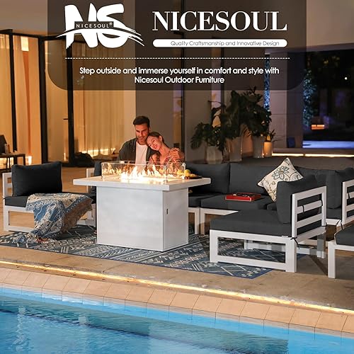 Miniatura 305 de NICESOUL 7 Piece White Powder-Coated Aluminum Patio Furniture with Fire Pit Table, 29 Inch Extra Wide Outdoor Sectional Sofa for 6, High-End Heavy