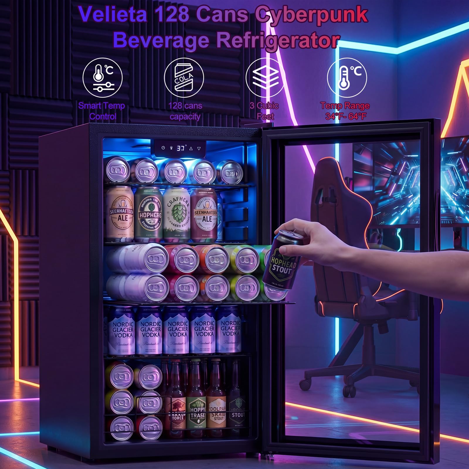 Velieta Beverage Refrigerator With LED Light Up Door – 128 Can Freestanding Drink Fridge, Small Beer Cooler With 4 Removable Shelves, Child Safety Lockfor Gaming Room Home Bar Party,Cyberpunk on Fridge.com - View 5