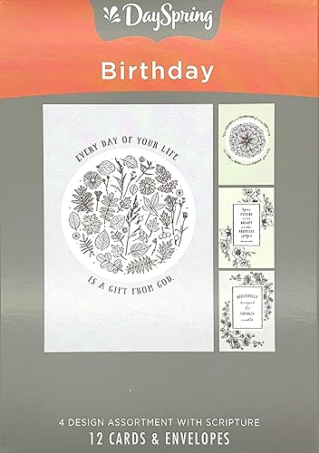DaySpring - Botánicos de cumpleaños en blanco y negro - Surtido de 4 diseños con escritura - 12 tarjetas y sobres en caja (J0384)
