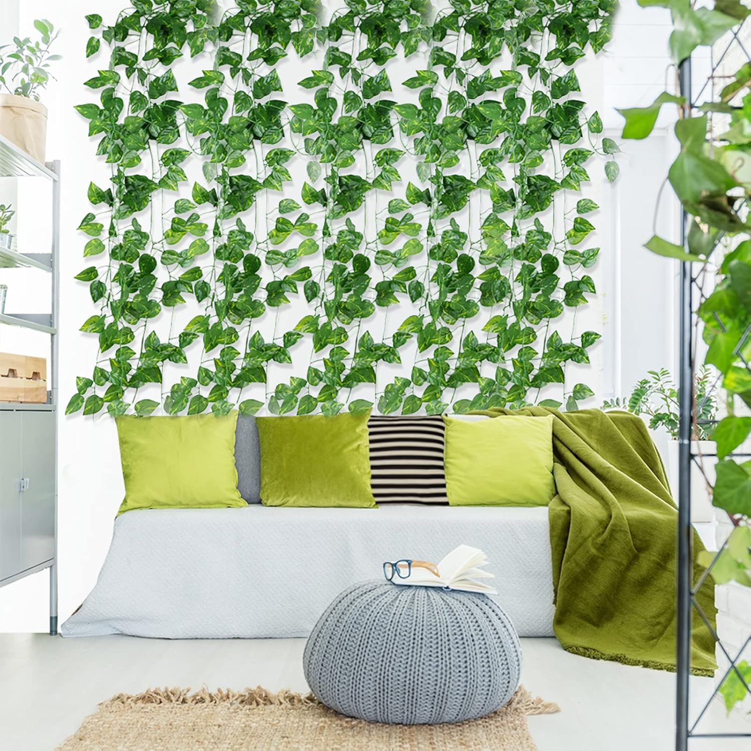 Auihiay 93 FT 12 Strands Artificial Ivy Leaf Plants Vine Garland and 24 Pieces Artificial Palm Leaves for Home Wall Garden Baby Shower Wedding Home Party Decor