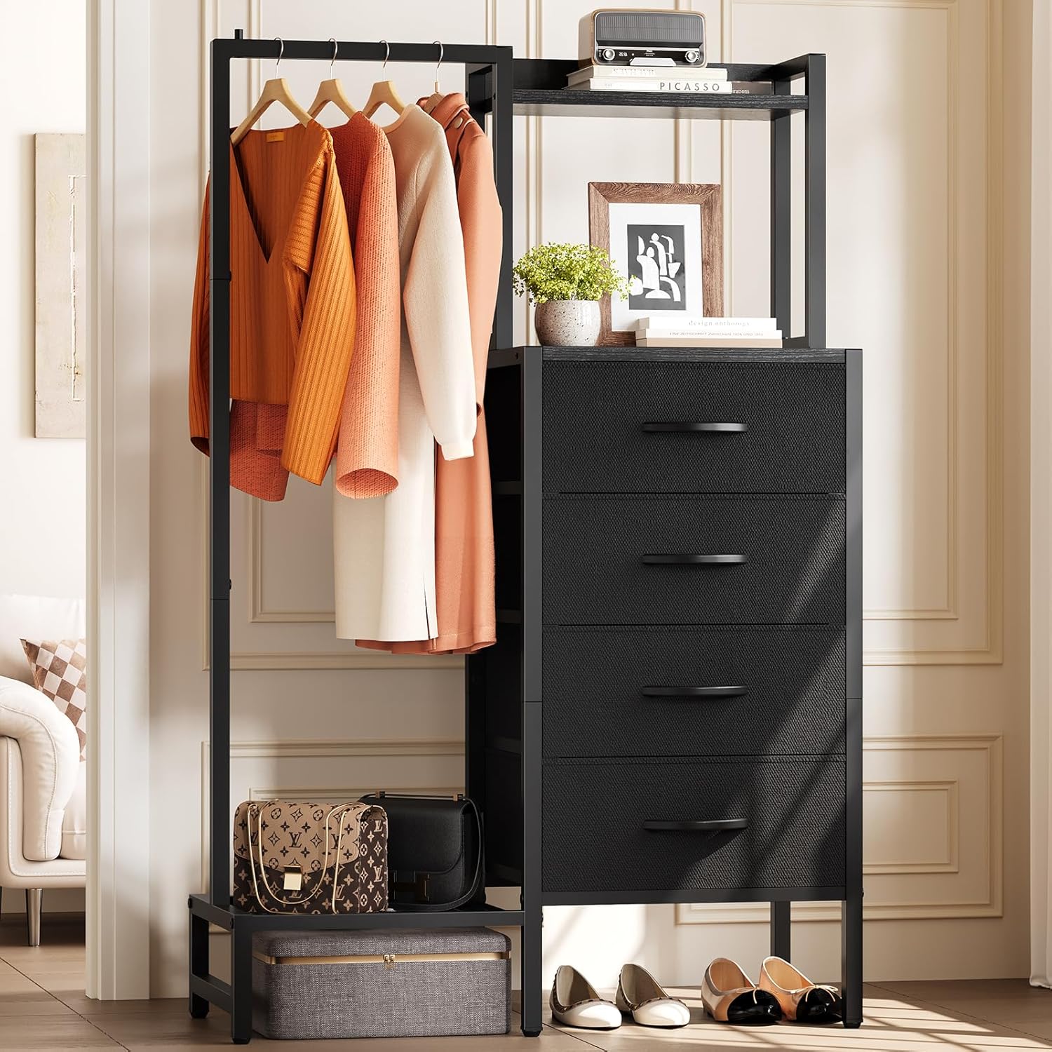 Yoobure Black Dresser with Hanging Rack - Small Closet with 4 Fabric Storage Drawers, 44" H Dresser with Clothes Rack, Chest of Drawer, Kids Dressers for Bedroom, Entryway, Living Room, Sturdy Frame