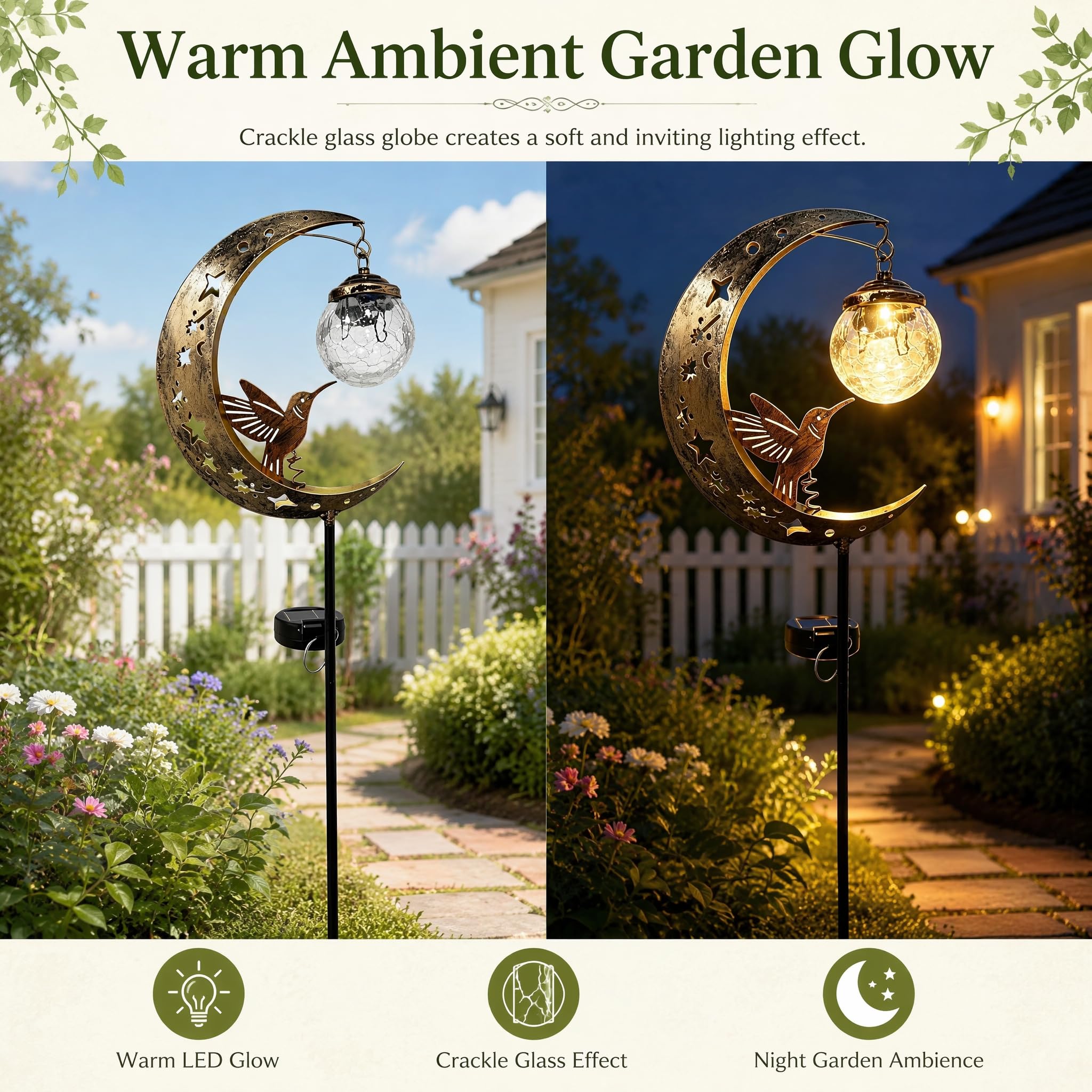 Kolibri Mond Solarleuchten Garten, wasserdichte Solar-Gartenstatuen, 2 | Halbmond-LED-Weg-Dekor mit Vogel, Craquelé-hängende Glaskugel aus Metall, Halbmond, für Hof, Weg, Rasen, Terrasse, Dekor