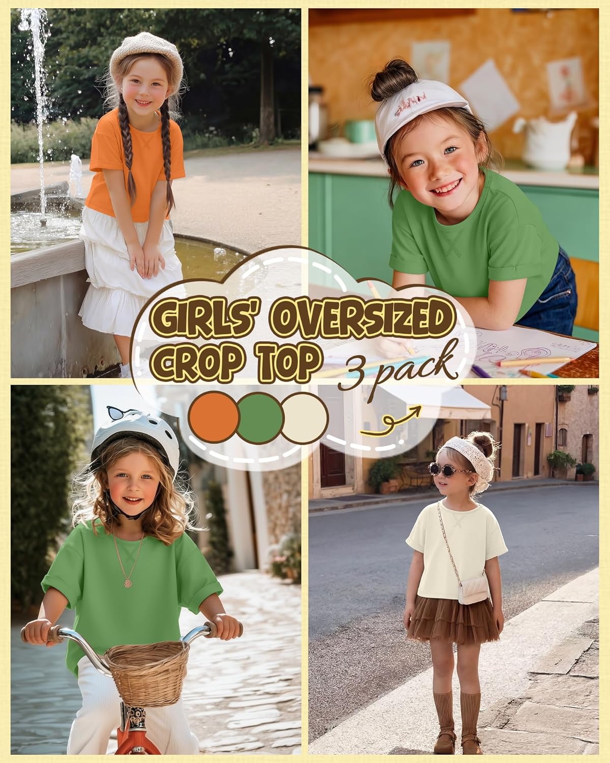 3 Pack Girls Oversized Crop Tops Short Sleeve T Shirts Crewneck Casual Basic Kids Rolled Sleeve Tees Summer - Image 2