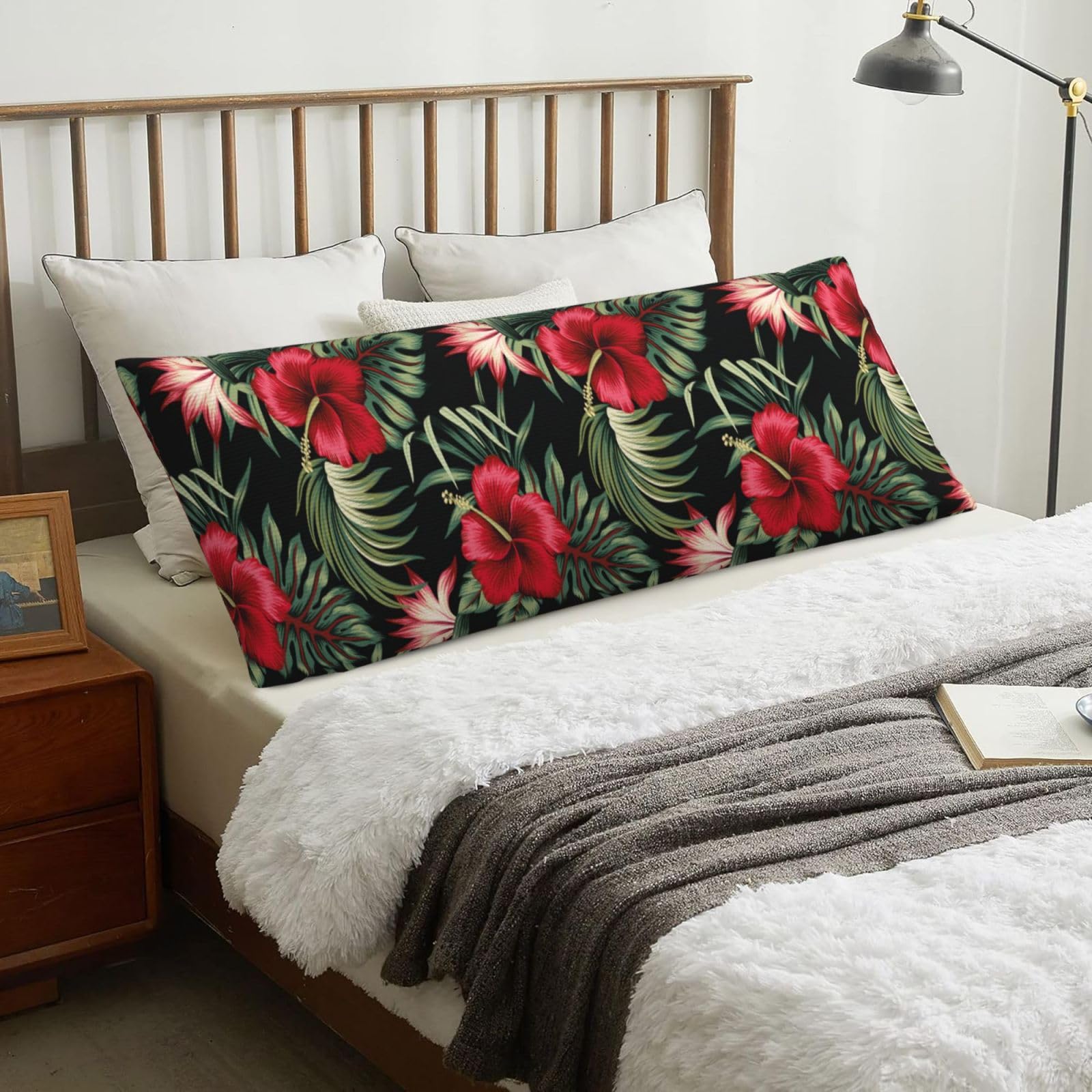 Tropical Vintage Red Hibiscus Strelitzia Floral, Body Pillow Cover with Zipper,Long Body Pillowcase 20 x 60 in