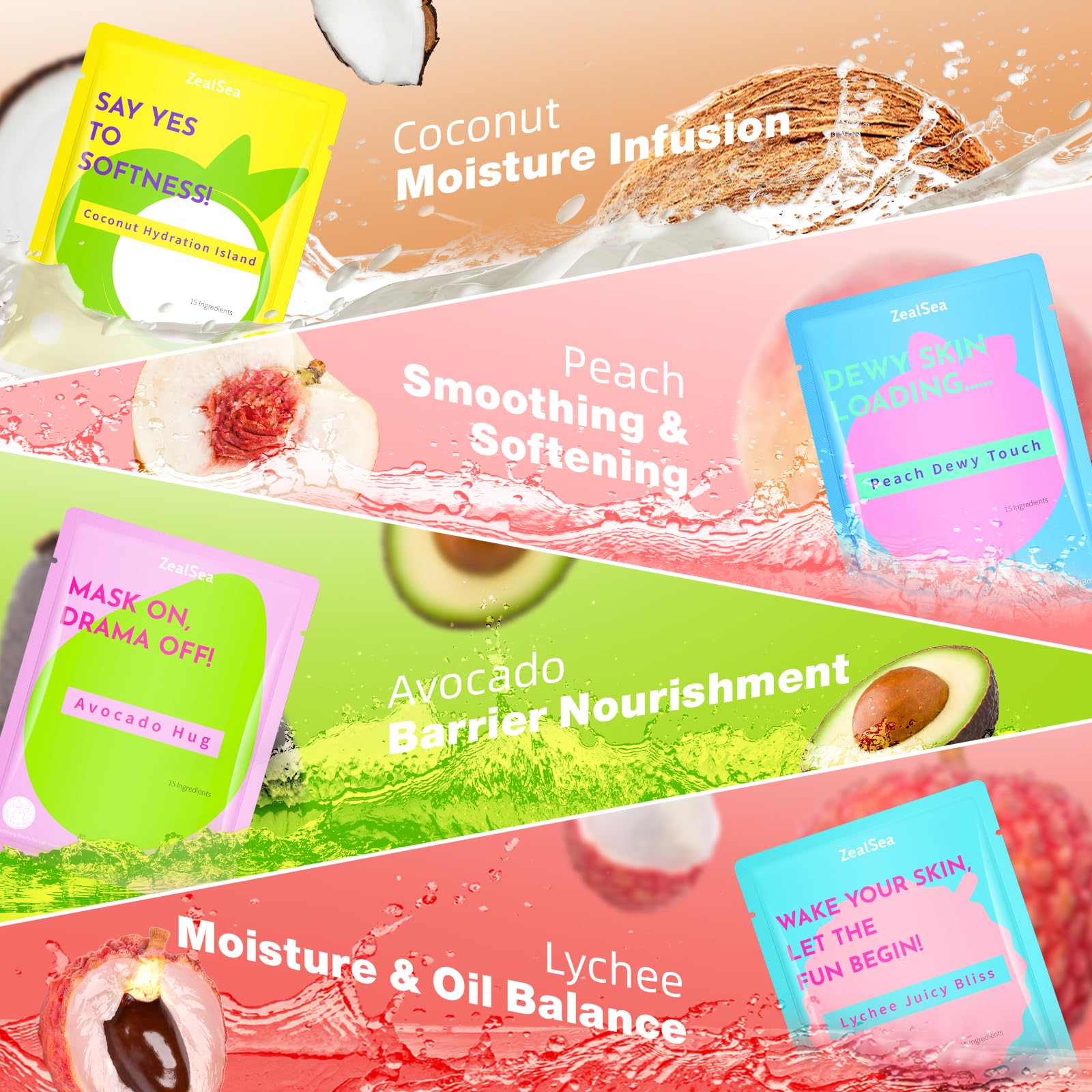 ZealSea EWG Set de mascarillas faciales, pack de 21, regalo spa para teens | Mascarillas clean beauty, 15 ingredientes, diseño color dopamina, para fiesta de pijamas y sleepover, regalo trendy para ella
