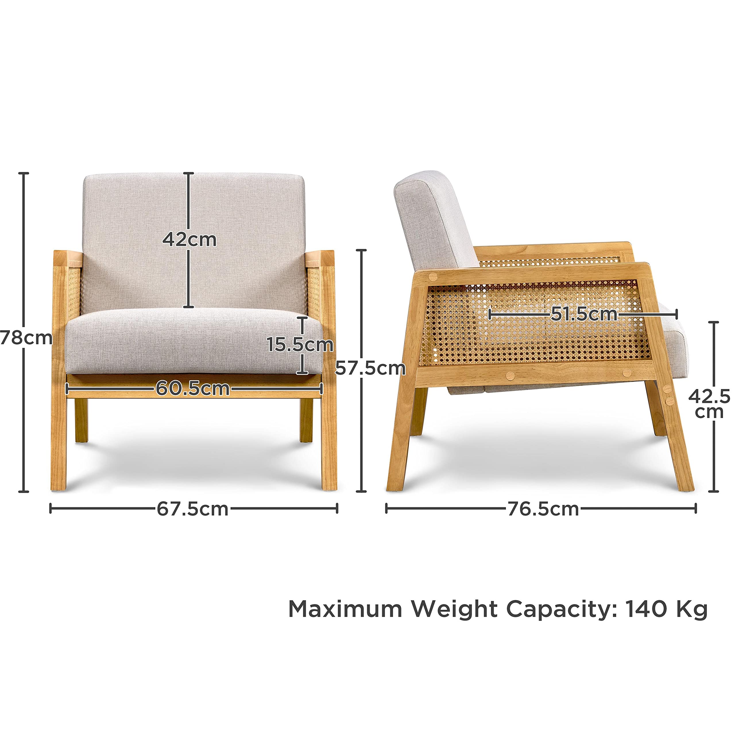 Yaheetech Fauteuil Salon en Rotin avec Coussins Rembourrés Moderne Beige