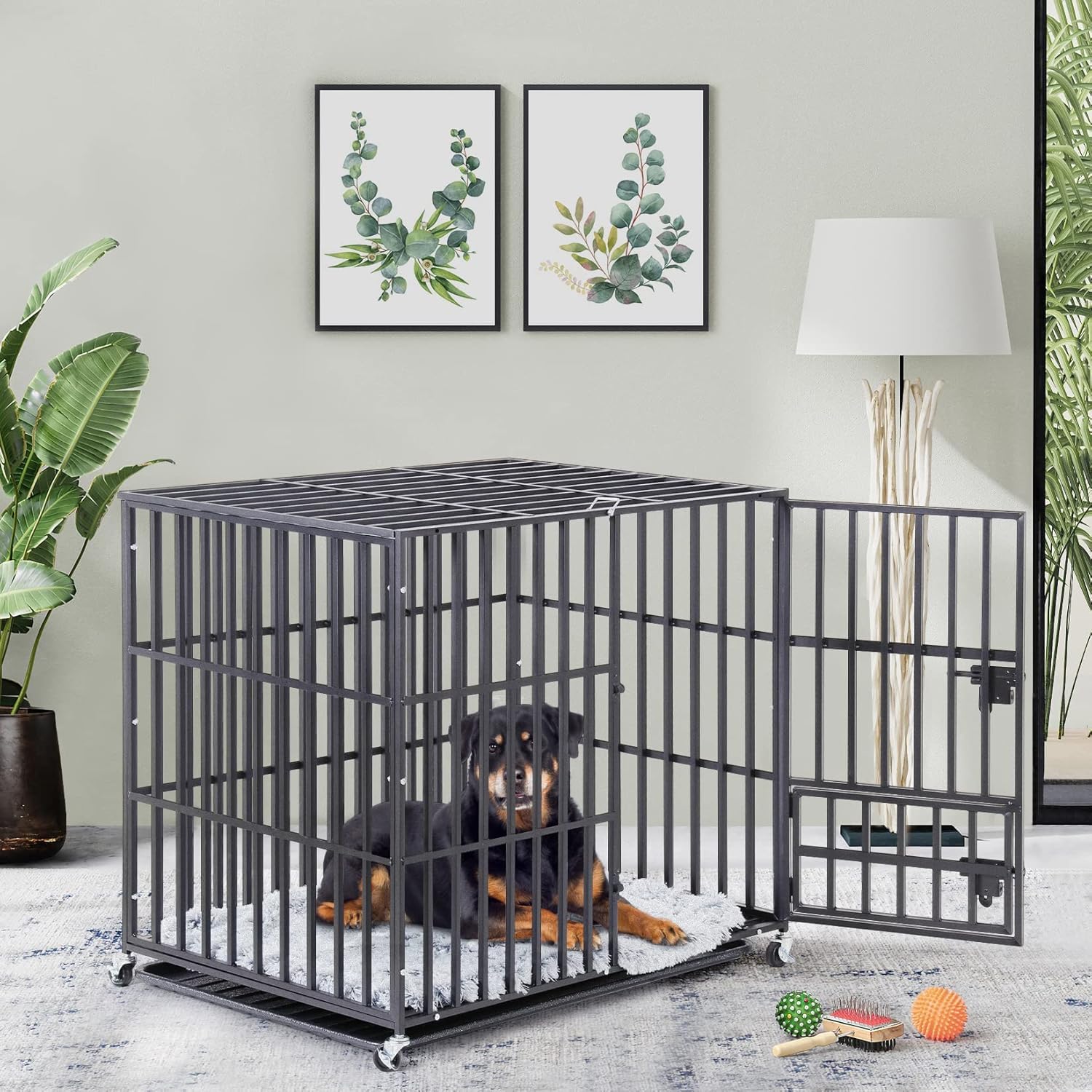BingoPaw Jaula Perro Grande: XL Jaulas para Perros de Alta Resistencia Casa Interior Exterior Dog Crate Transporte con 4 Ruedas, 3 Puertas con Cerradura y Banjeja Extraible, 107x77.5x88.5cm