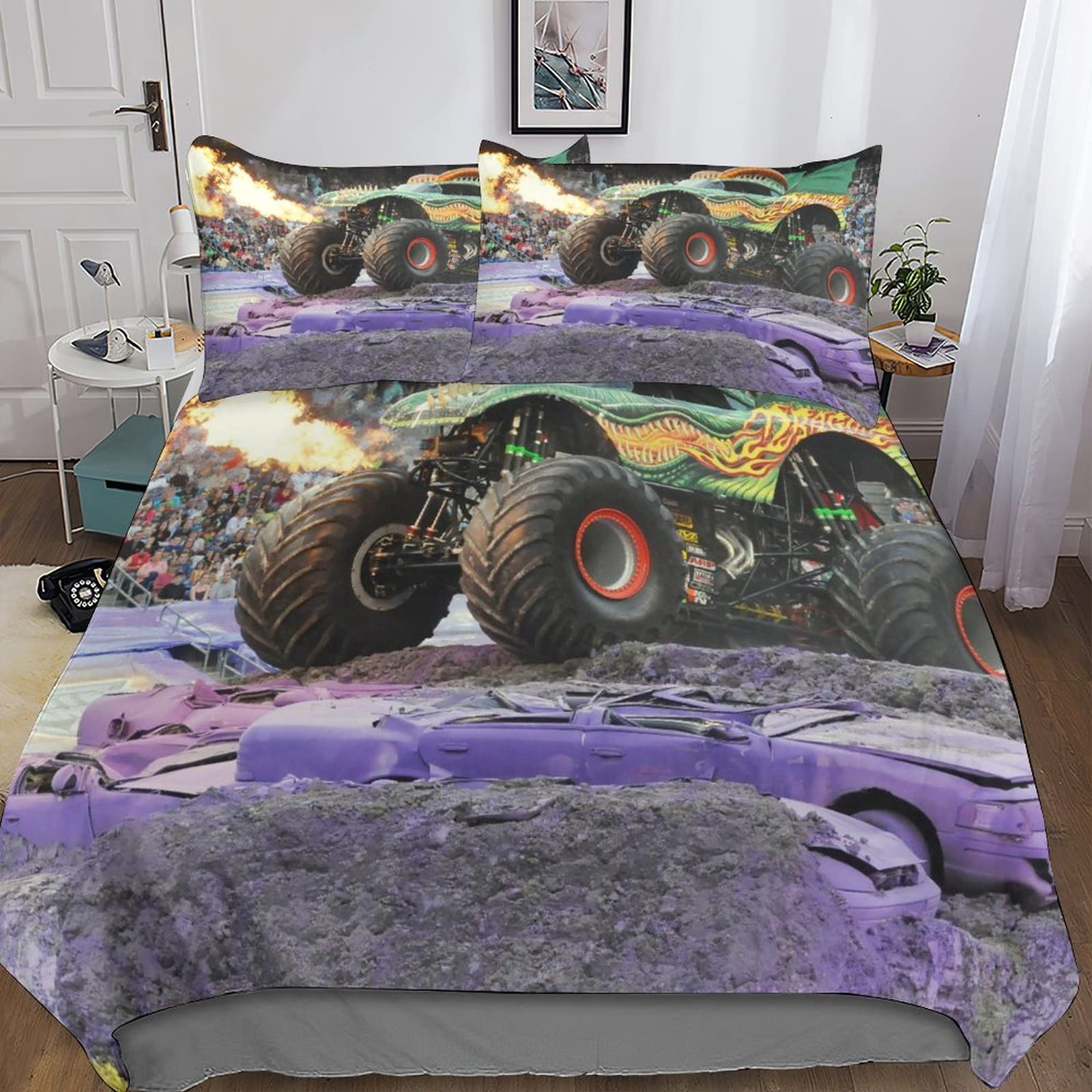 Housse de couette fermeture éclair Monster Cars microfibre douce King