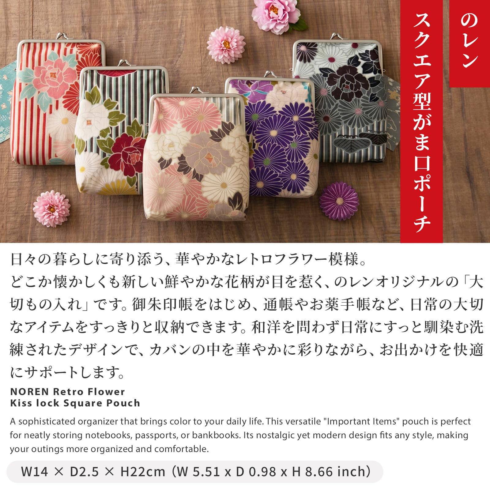 Portamonete con fibbia floreale (piccola borsa per il trucco ovale) / Made in Japan Kiss-lock Change Purse Portafogli Piccola borsa per il trucco da donna, Pochette quadrata / Retro Flower - Lineblue,