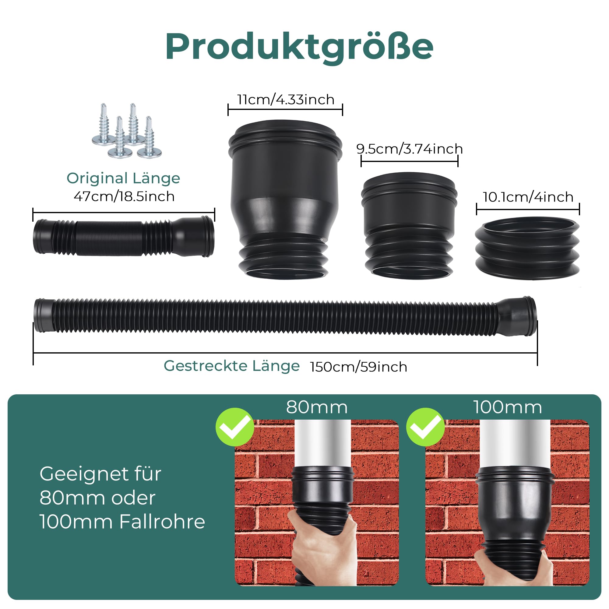 Prolunga Flessibile per Grondaia, Set di Prolunghe Rotonde per Tubo di Scarico da 80/100 mm, Set di Prolunghe per Tubo Pluviale, Estensione da 47 a 150 cm (Nero, 2 Pezzi)